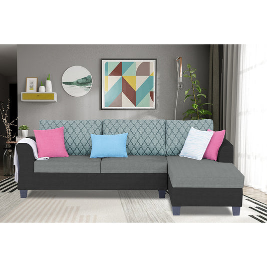 Adorn India Alexia Plus L Shape 5 Seater Sofa Set Blossom (Right Hand Side) (Grey & Black)