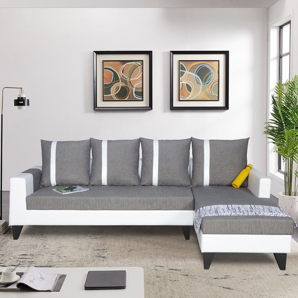 Adorn India Ashley Leatherette Fabric L Shape 6 Seater Sofa Set Stripes (Right Hand Side) (Grey & White) (3 Year Warranty)