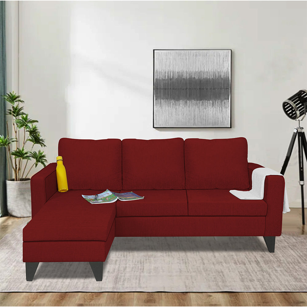 Adorn India Chandler Plain L Shape 4 Seater Wood Sofa Set (Maroon) (3 Year Warranty)