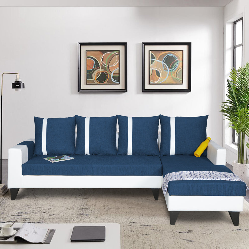 Adorn India Ashley Leatherette Fabric L Shape 6 Seater Sofa Set Stripes (Right Hand Side) (Blue & White) (3 Year Warranty)