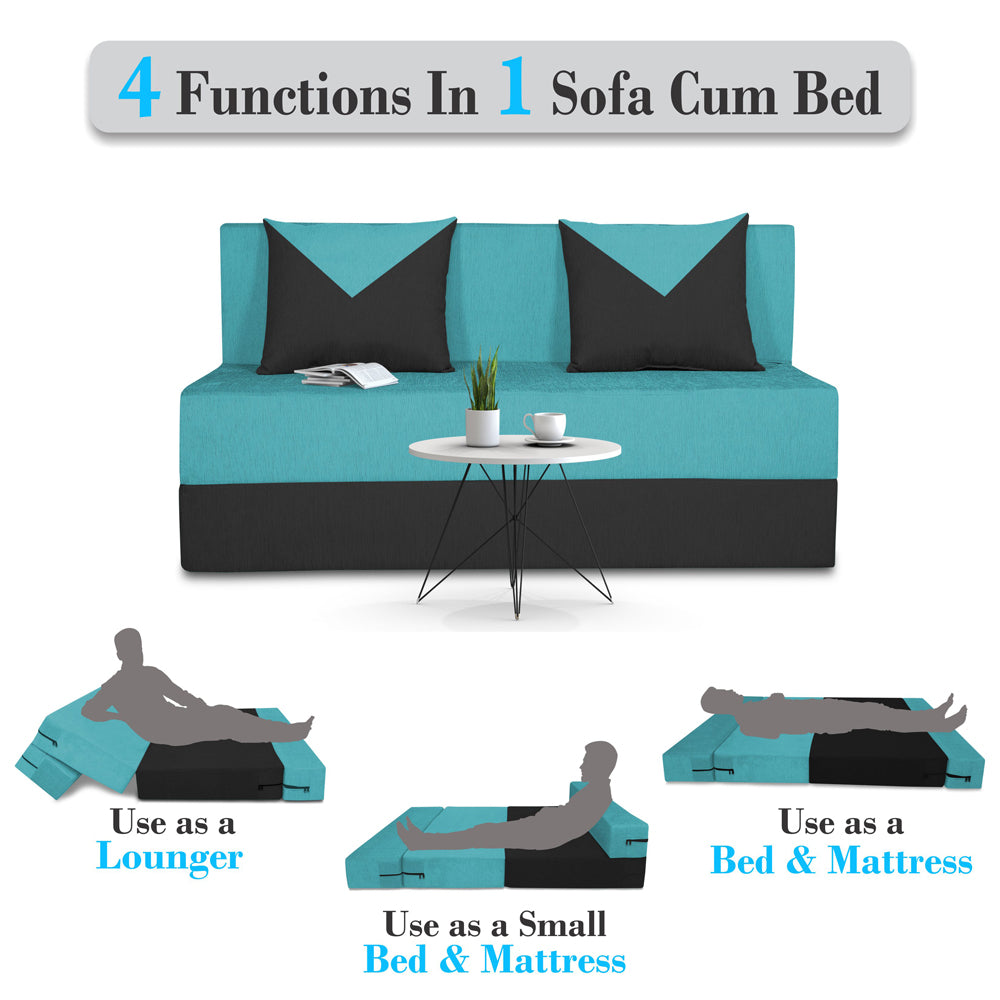 Adorn India Foam Easy Boom 2 Seater Sofa Cum Bed 4 X 6 (Aqua Blue & Black) (1 Year Warranty)