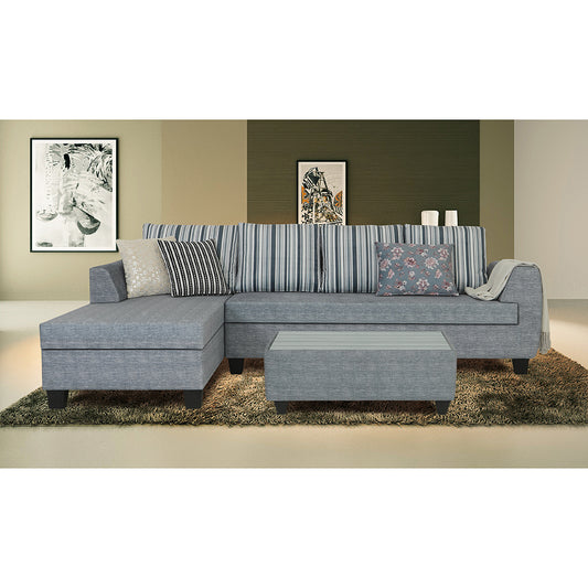 Adorn India Raiden Stripes L Shape 6 Seater Sofa Set with Center Table (Left Hand Side) (Grey) (3 Year Warranty)
