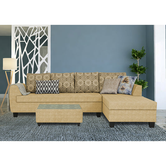 Adorn India Raiden Damask L Shape 6 Seater Sofa Set with Center Table (Right Hand Side) (Beige)