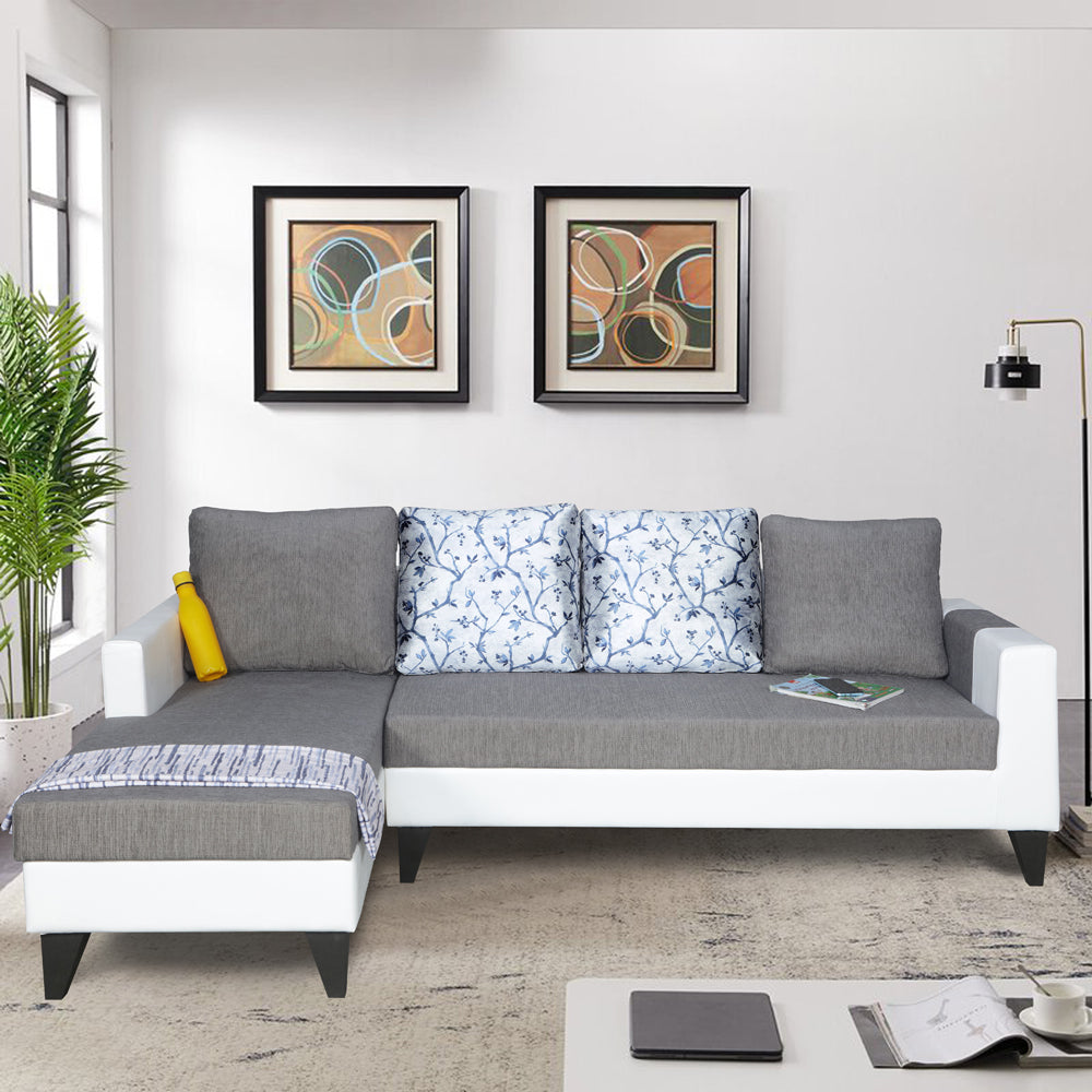Adorn India Ashley Leatherette Fabric L Shape 6 Seater Sofa Set Digitel Print (Left Hand Side) (Grey & White) (3 Year Warranty)