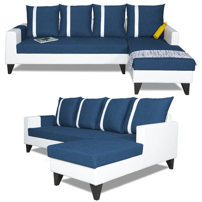 Adorn India Ashley L Shape Stripes Leatherette Fabric Sofa Set 8 Seater with 2 Ottoman Puffy & Center Table (Right Side) (Blue & White)