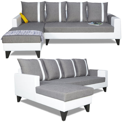 Adorn India Ashley L Shape Stripes Leatherette Fabric Sofa Set 8 Seater with 2 Ottoman Puffy & Center Table (Left Side) (Grey)