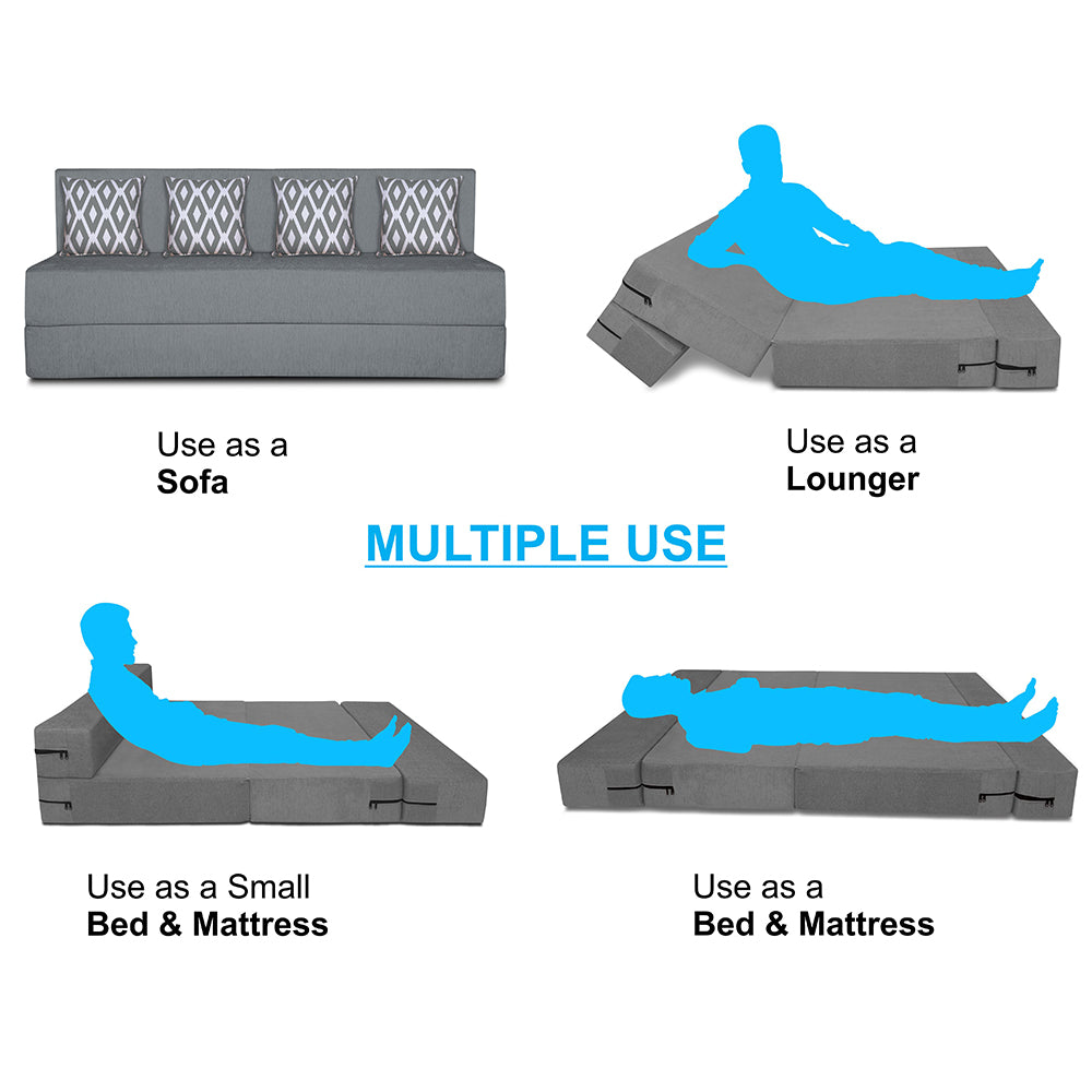 cum Premium Quality - Easy Three Seater Sofa Cum Bed Rhombus '6 x 6' (Grey) | Adorn India