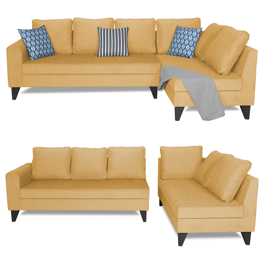 Adorn India Bryson L Shape 6 Seater Sofa Set Plain (Right Hand Side) (Beige)