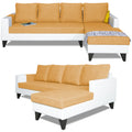 Adorn India Ashley Plain Leatherette Fabric L Shape 8 Seater Sofa Set with 2 Ottoman Puffy & Center Table RHS (Beige & White) (3 Year Warranty)