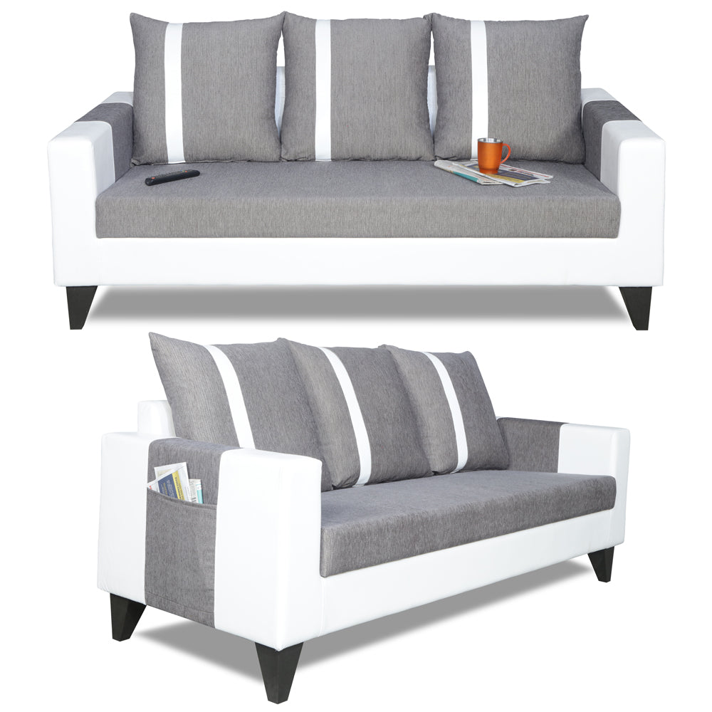 Adorn India Ashley Stripes Leatherette 3 Seater Sofa Set (Grey & White)