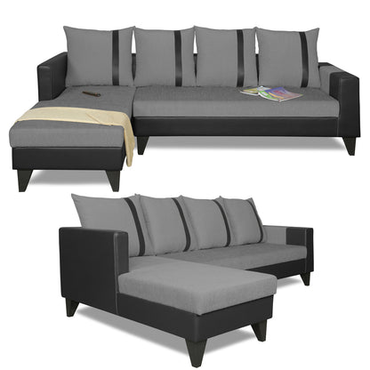 Adorn India Ashley L Shape 5 Seater Sofa Set Leatherette Fabric Stripes (Left Hand Side) (Grey & Black)