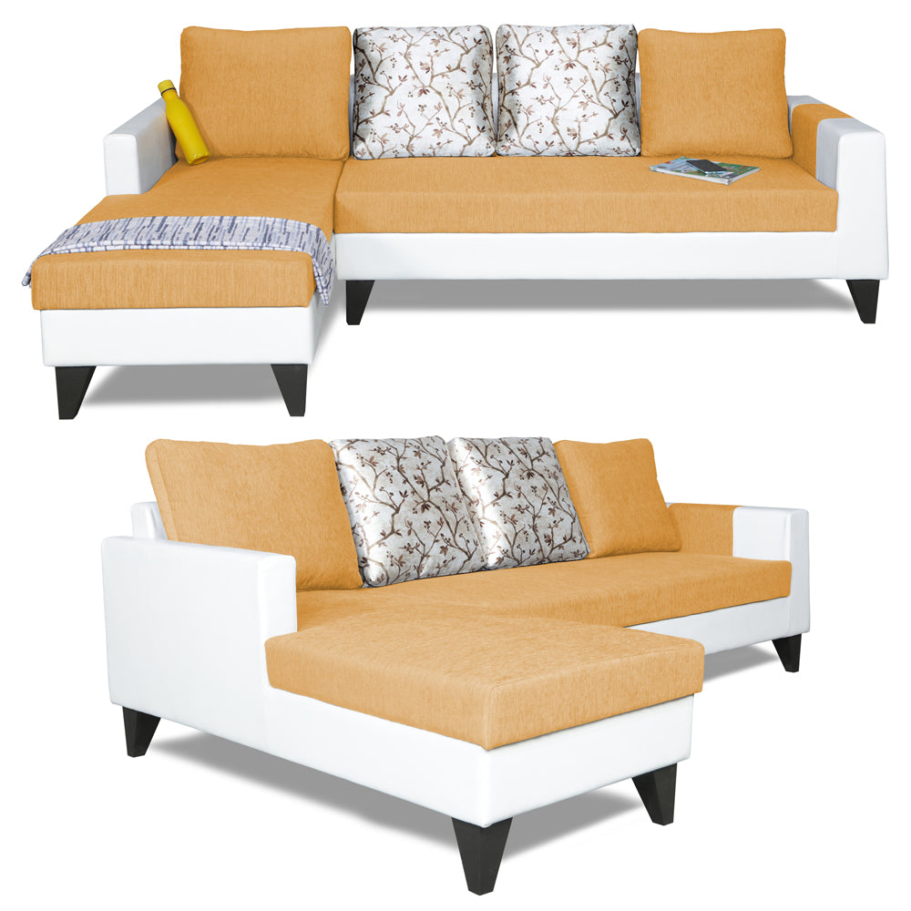 Adorn India Ashley Leatherette Fabric L Shape 6 Seater Sofa Set Digitel Print (Left Hand Side) (Beige & White)