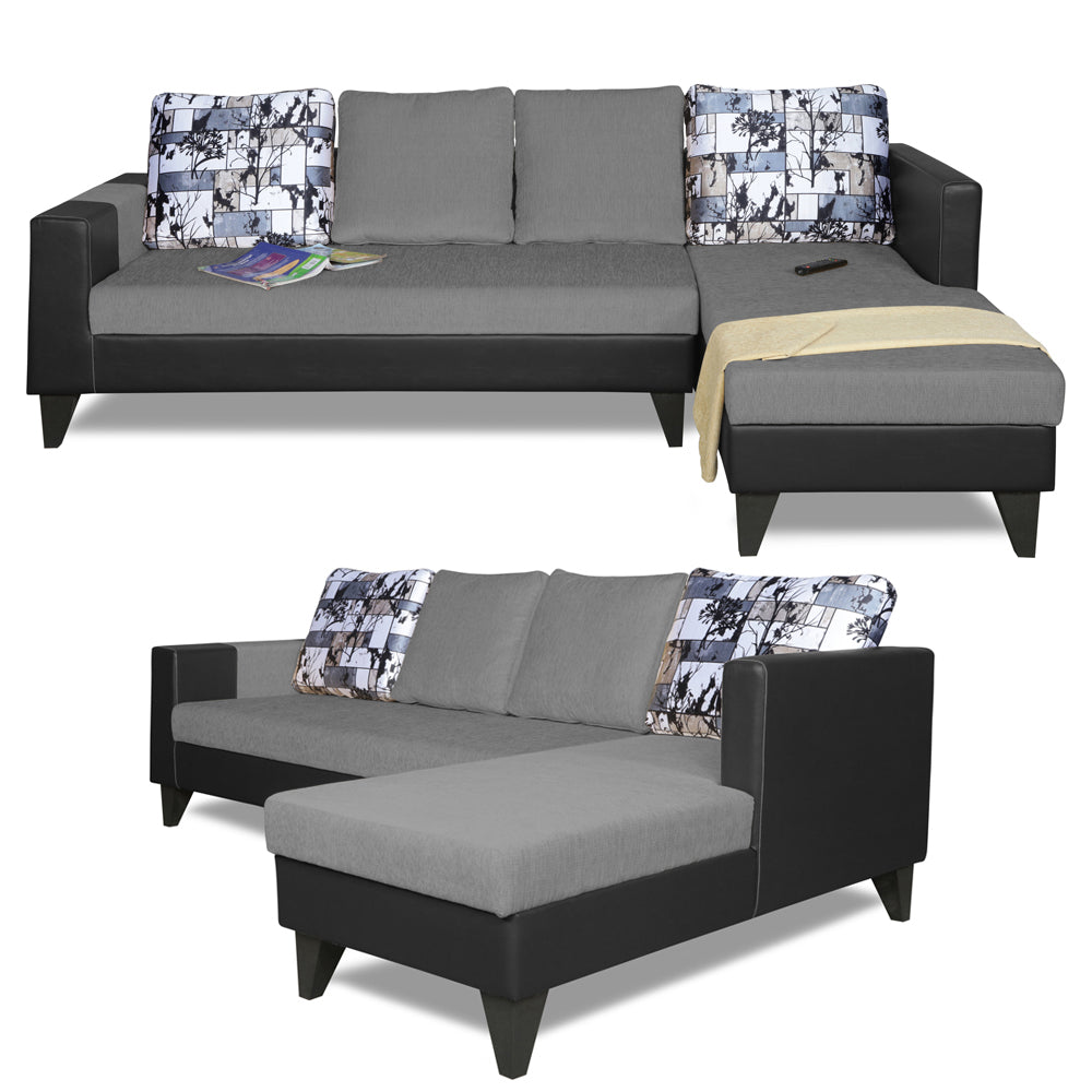 Adorn India Ashley L Shape 5 Seater Sofa Set Leatherette Fabric Digitel Print (Right Hand Side) (Grey & Black)