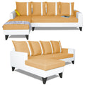 Adorn India Ashley Stripes Leatherette Fabric L Shape 8 Seater Sofa Set with 2 Ottoman Puffy & Center Table LHS (Beige & White) (3 Year Warranty)