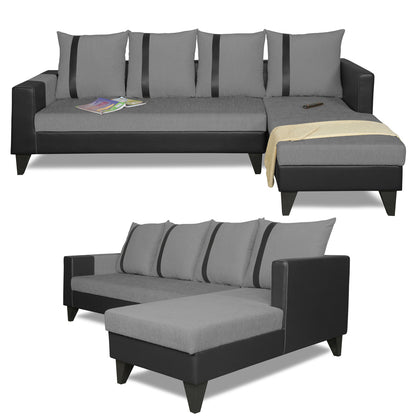 Adorn India Ashley L Shape 5 Seater Sofa Set Leatherette Fabric Stripes (Right Hand Side) (Grey & Black)