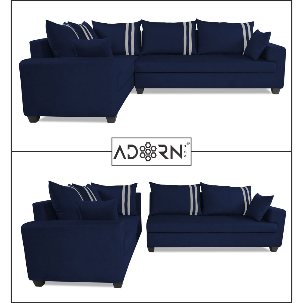 Adorn India Winston L Shape 5 Seater Sofa Set (Left Side) (Blue)