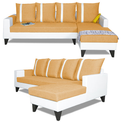 Adorn India Ashley L Shape Stripes Leatherette Fabric Sofa Set 8 Seater with 2 Ottoman Puffy & Center Table (Right Side) (Beige)