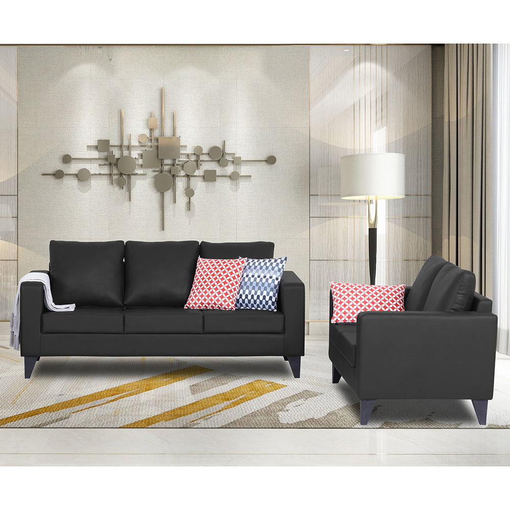 Adorn India Straight line Plus Leatherette 3+2 5 Seater Sofa Set (Black)