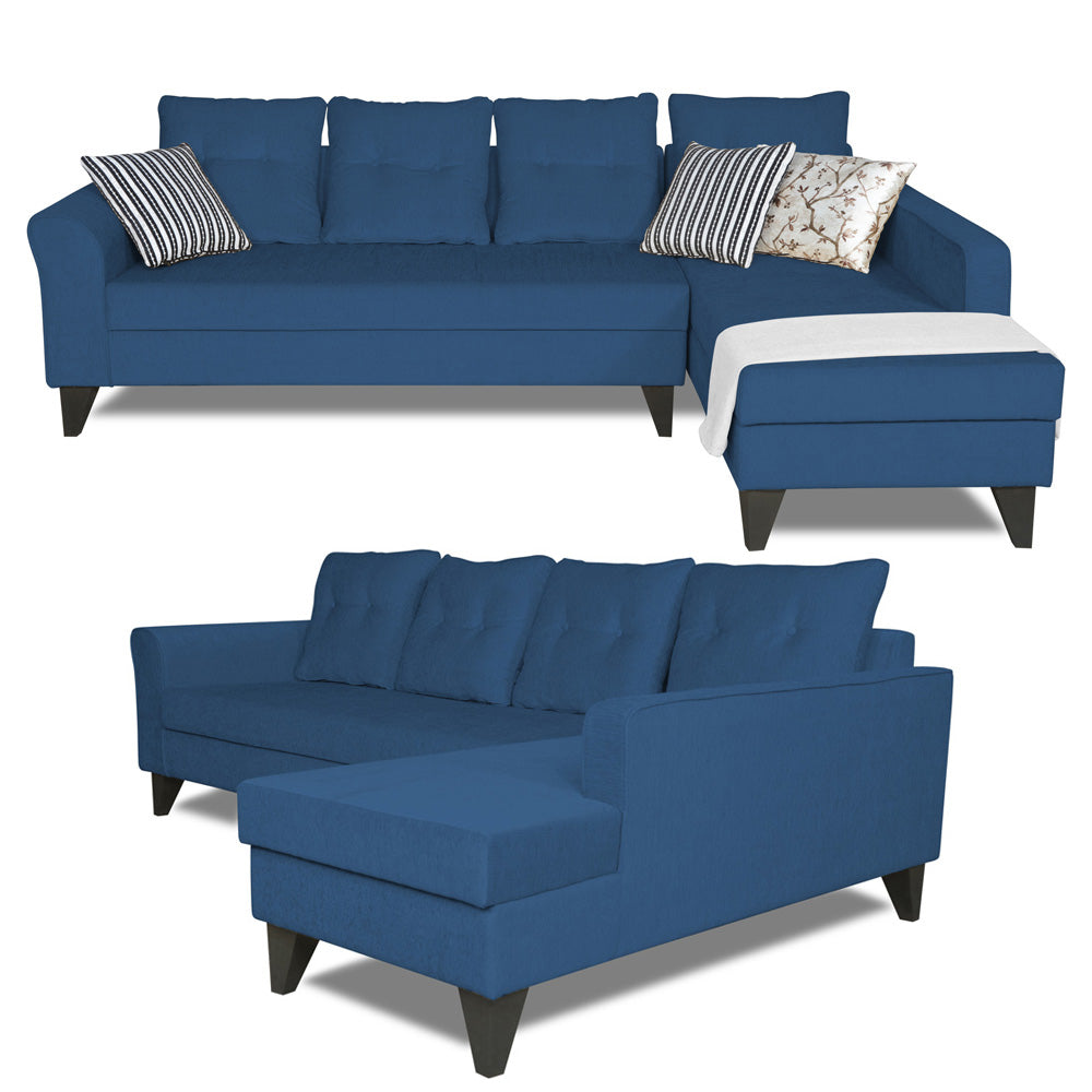 Adorn India Maddox L Shape 6 Seater Sofa Set Tufted (Right Hand Side) (Blue)