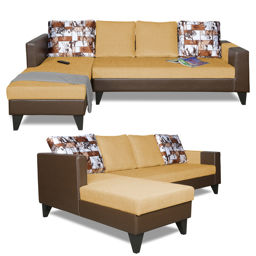 Adorn India Ashley L Shape 6 Seater Sofa Set Leatherette Fabric Digitel Print (Left Hand Side) (Brown & Beige)