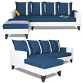 Adorn India Ashley Stripes Leatherette Fabric L Shape 8 Seater Sofa Set with 2 Ottoman Puffy & Center Table LHS (Blue & White) (3 Year Warranty)