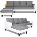 Adorn India Ashley Plain Leatherette Fabric L Shape 8 Seater Sofa Set with 2 Ottoman Puffy & Center Table LHS (Grey & White) (3 Year Warranty)