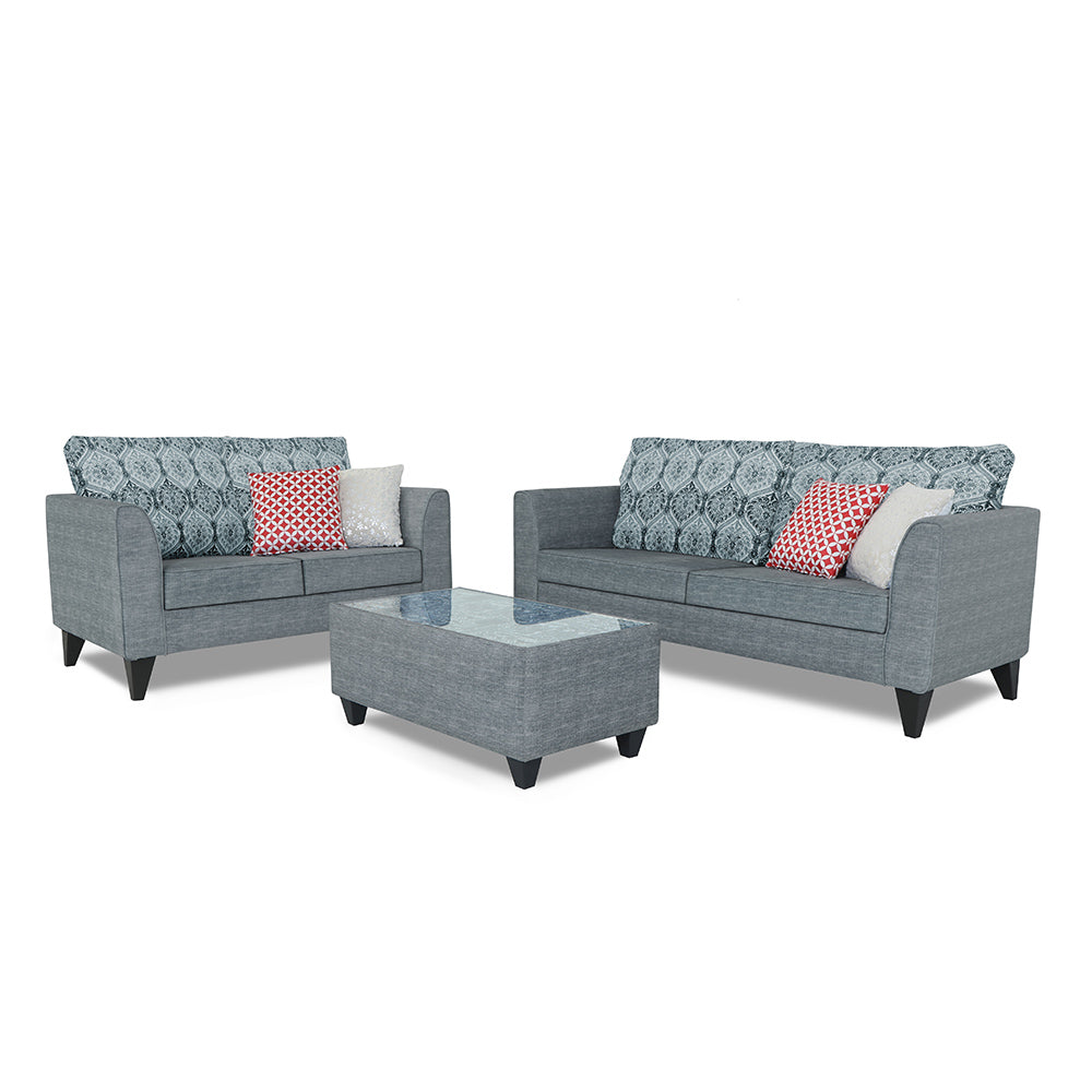 Adorn India Cortina Damask 3+2 5 Seater Sofa Set with Centre Table (Grey) Modern