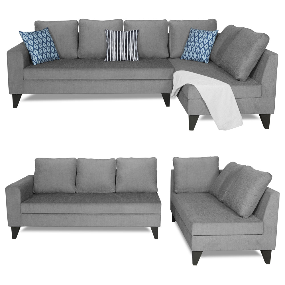 Adorn India Bryson L Shape 6 Seater Sofa Set Plain (Right Hand Side) (Grey)