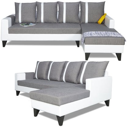 Adorn India Ashley L Shape Stripes Leatherette Fabric Sofa Set 8 Seater with 2 Ottoman Puffy & Center Table (Right Side) (Grey)