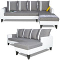 Adorn India Ashley Stripes Leatherette Fabric L Shape 8 Seater Sofa Set with 2 Ottoman Puffy & Center Table RHS (Grey & White) (3 Year Warranty)