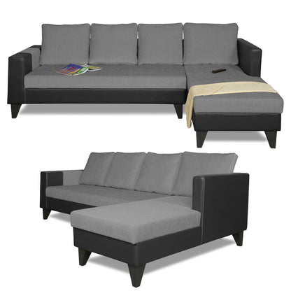 Adorn India Ashley L Shape 5 Seater Sofa Set Leatherette Fabric Plain (Right Hand Side) (Grey & Black)