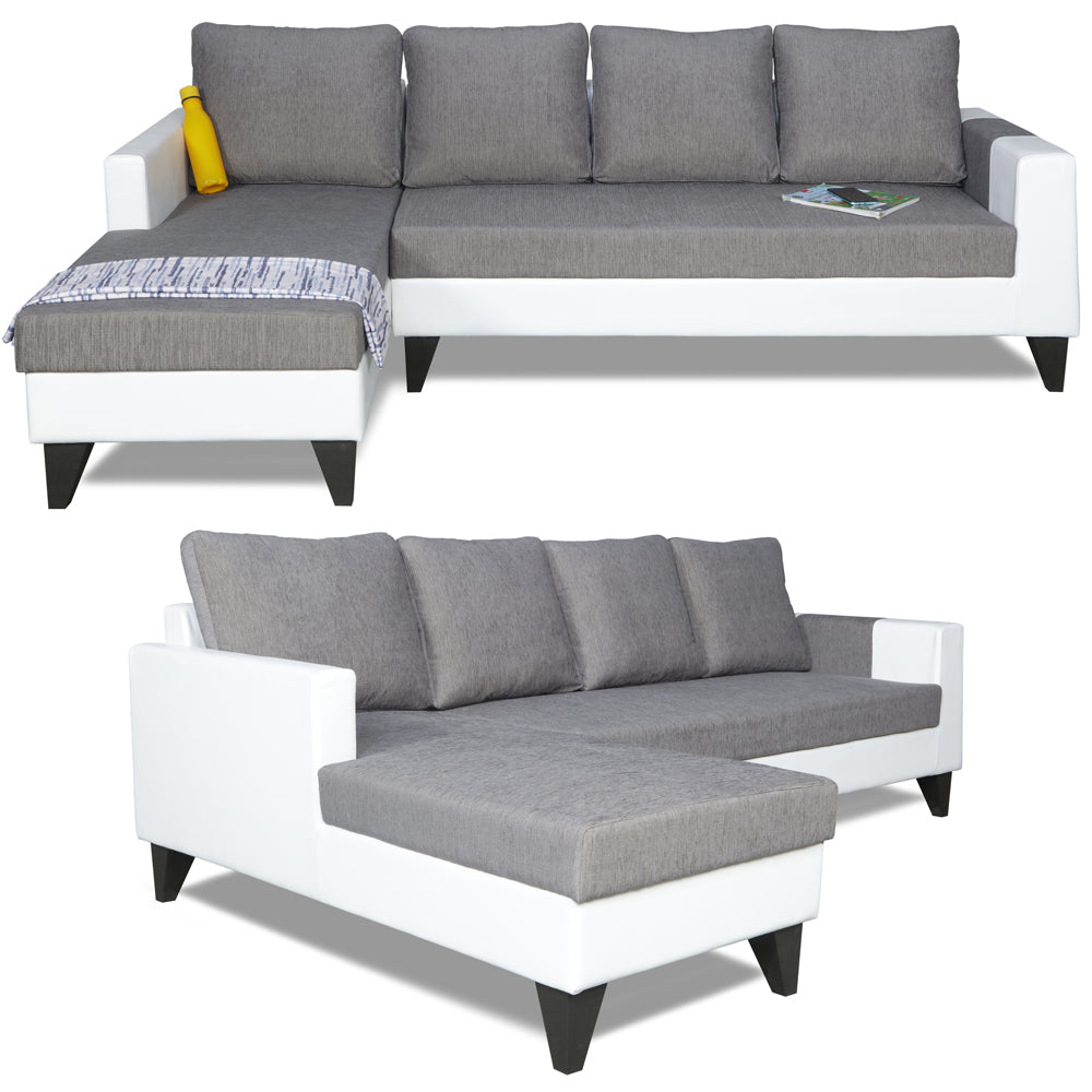 Adorn India Ashley Leatherette Fabric L Shape 6 Seater Sofa Set Plain (Left Hand Side) (Grey & White)