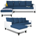 Adorn India Ashley Plain Leatherette Fabric L Shape 8 Seater Sofa Set with 2 Ottoman Puffy & Center Table LHS (Blue & White) (3 Year Warranty)