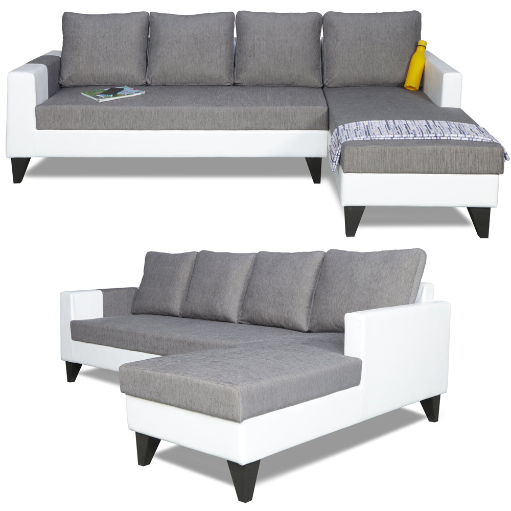 Adorn India Ashley L Shape Plain Leatherette Fabric Sofa Set 8 Seater with 2 Ottoman Puffy & Center Table (Right Side) (Grey)