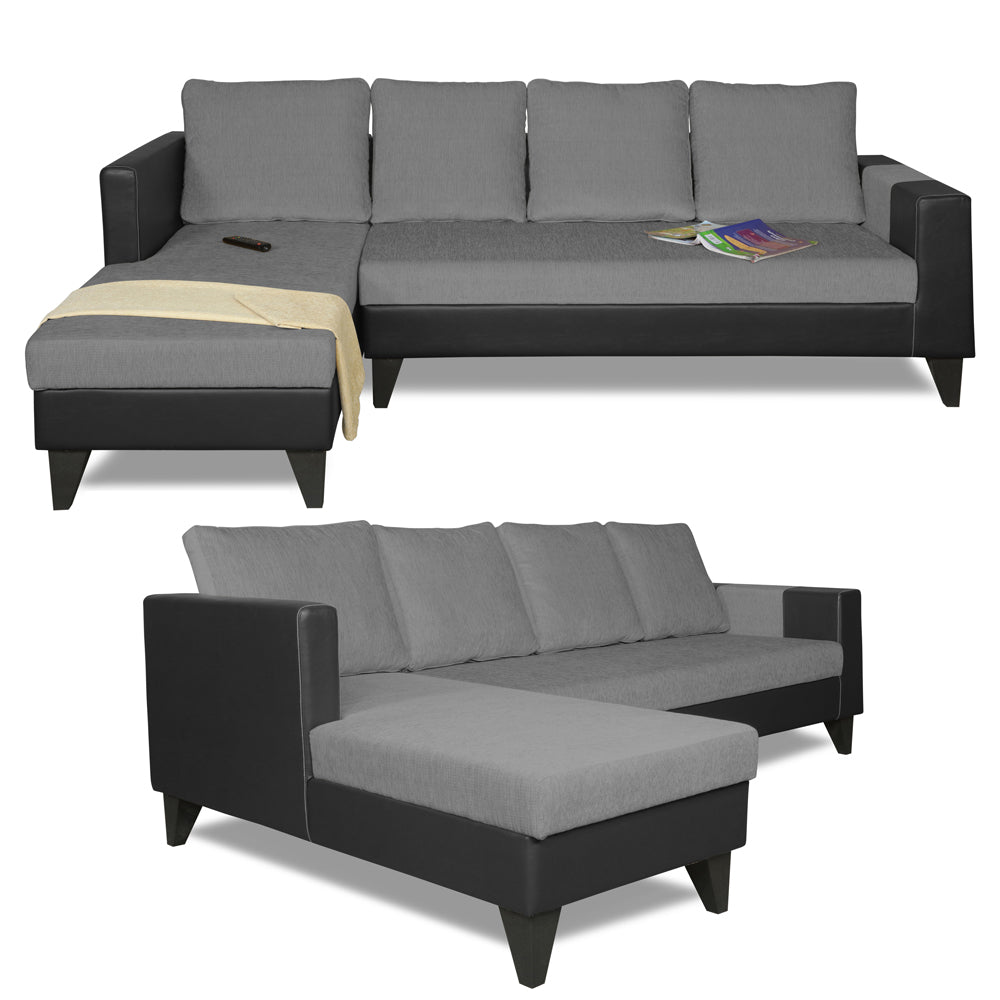 Adorn India Ashley L Shape 5 Seater Sofa Set Leatherette Fabric Plain (Left Hand Side) (Grey & Black)