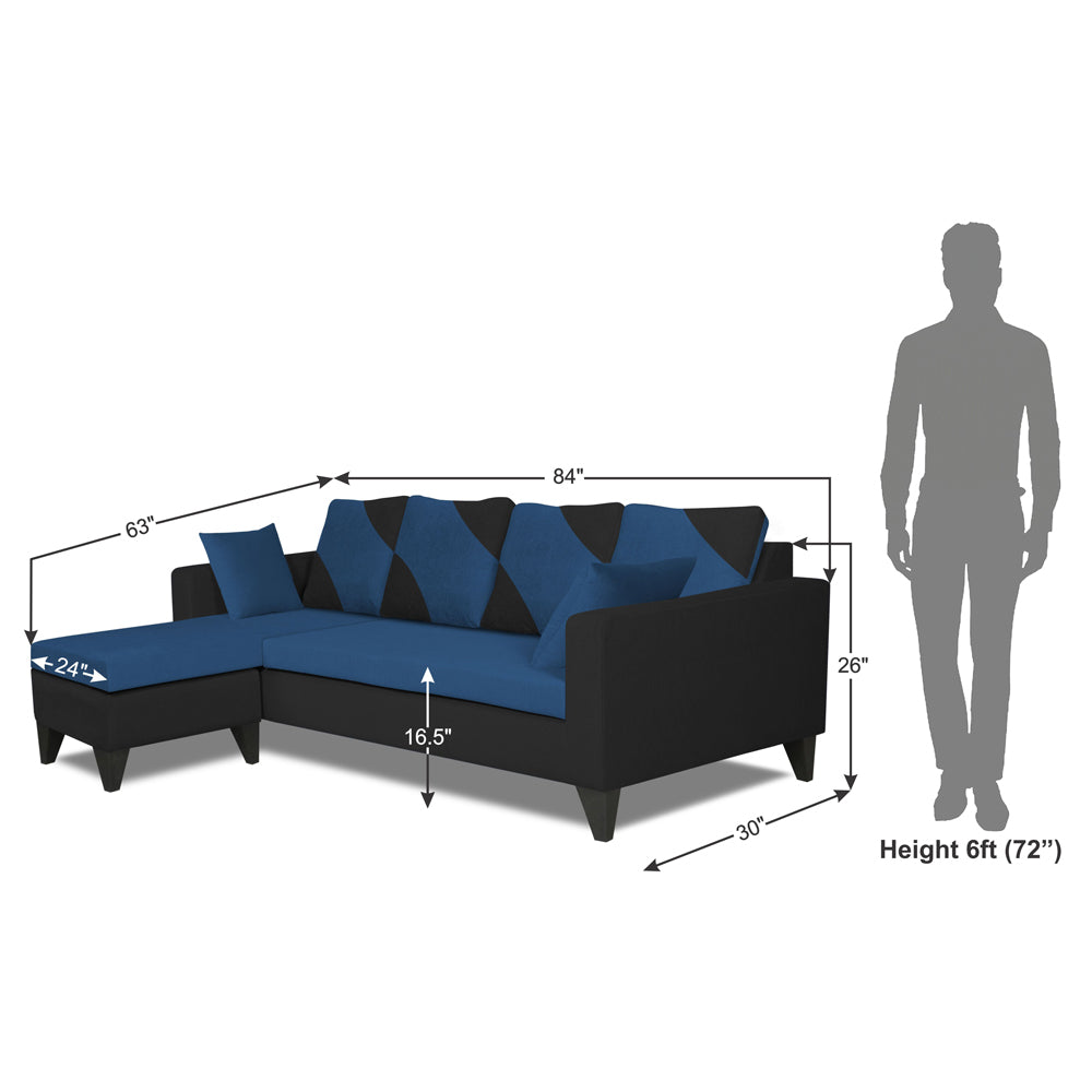 Adorn India Denver L Shape 5 Seater Sofa Set (Left Hand Side) (Blue & Black)