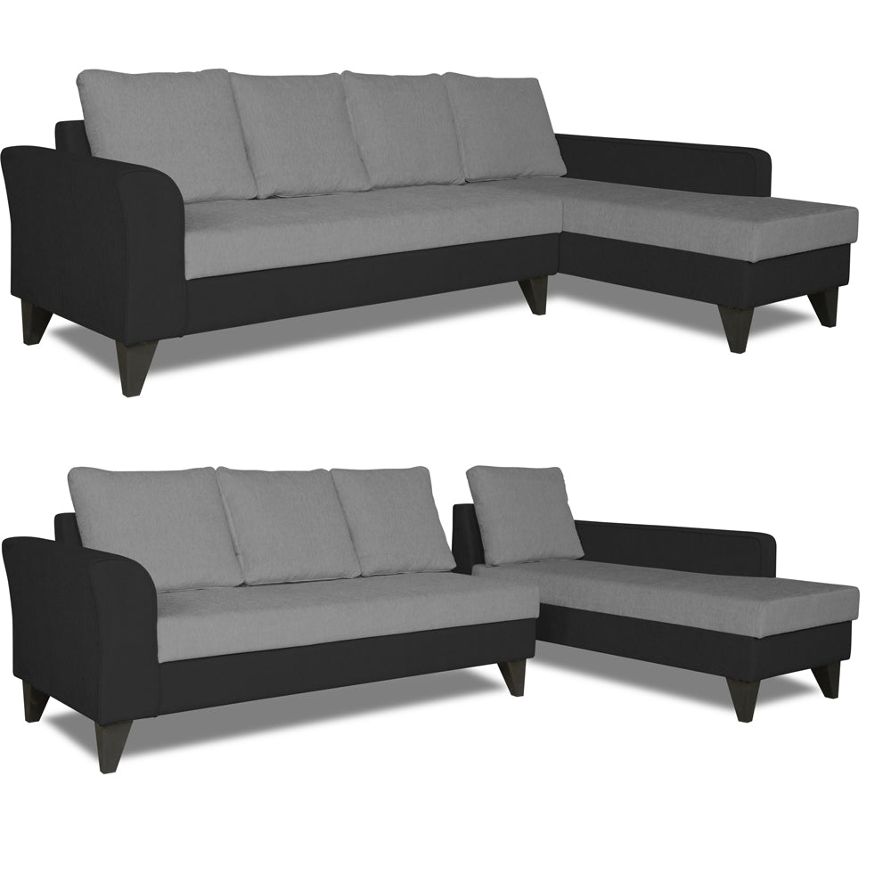 Adorn India Maddox L Shape 6 Seater Sofa Set Plain Two Tone (Right Hand Side) (Grey & Black)