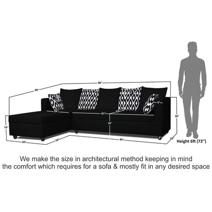 Adorn India Zink Straight line L Shape 6 Seater Sofa Rhombus Cushion (Left Side Handle)(Black)