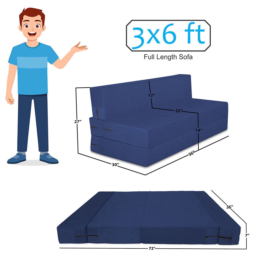 Adorn India Easy 2 Seater Sofa Cum Bed (Rhombus Pattern) Chennile Fabric - Washable Cover - Including 2 Cushion - Size 3' x 6' Ft (Blue Color) Perfect for Home & Office for Guests
