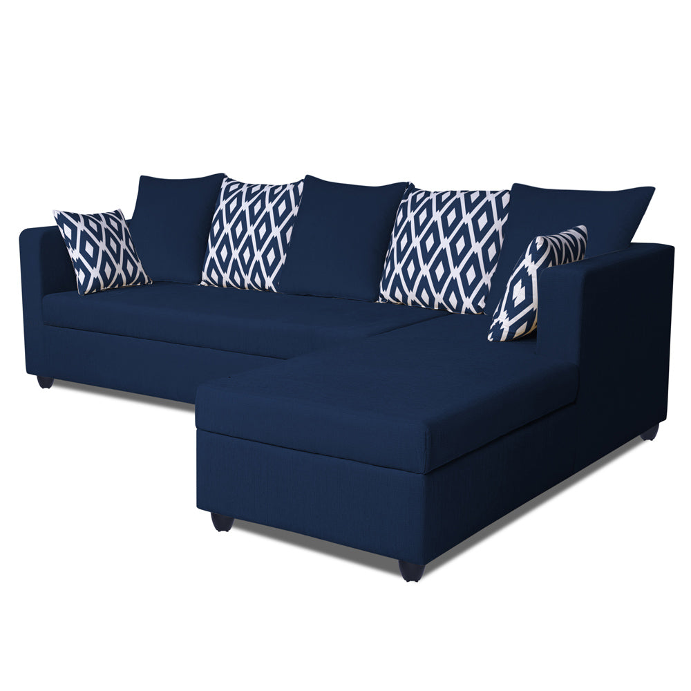 Adorn India Zink Straight line L Shape 6 Seater Sofa Rhombus Cushion (Left Side Handle)(Blue)