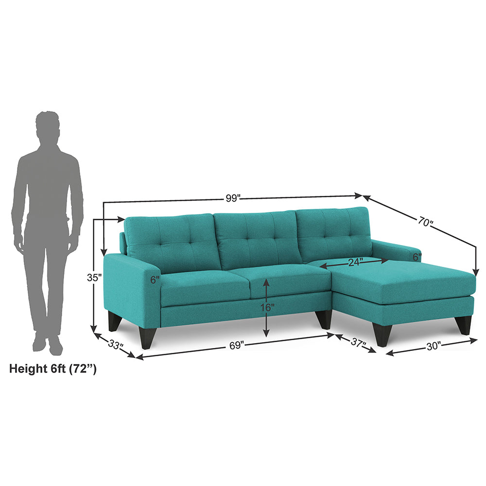 Adorn India Midas L Shape 6 Seater Sofa Set Right Hand Side (Aqua Blue)