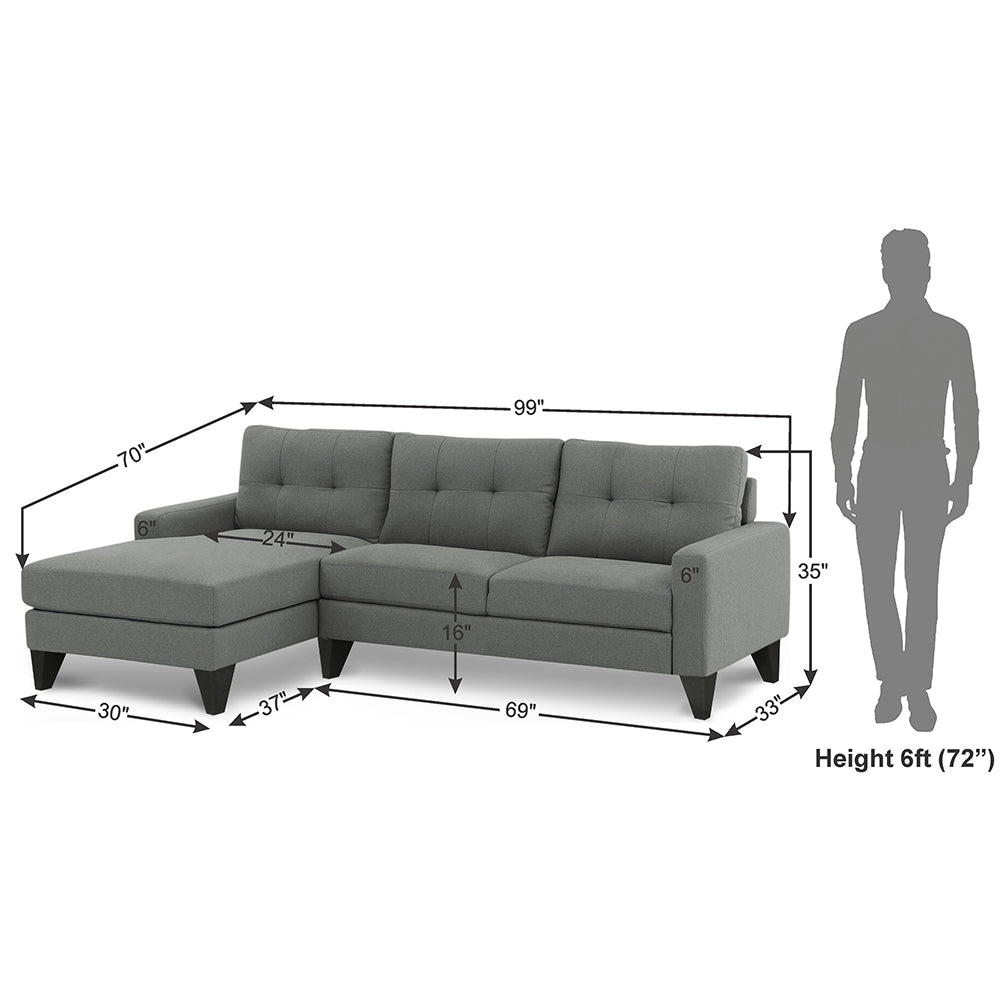 Adorn India Midas L Shape 6 Seater Sofa Set Left Hand Side (Grey)