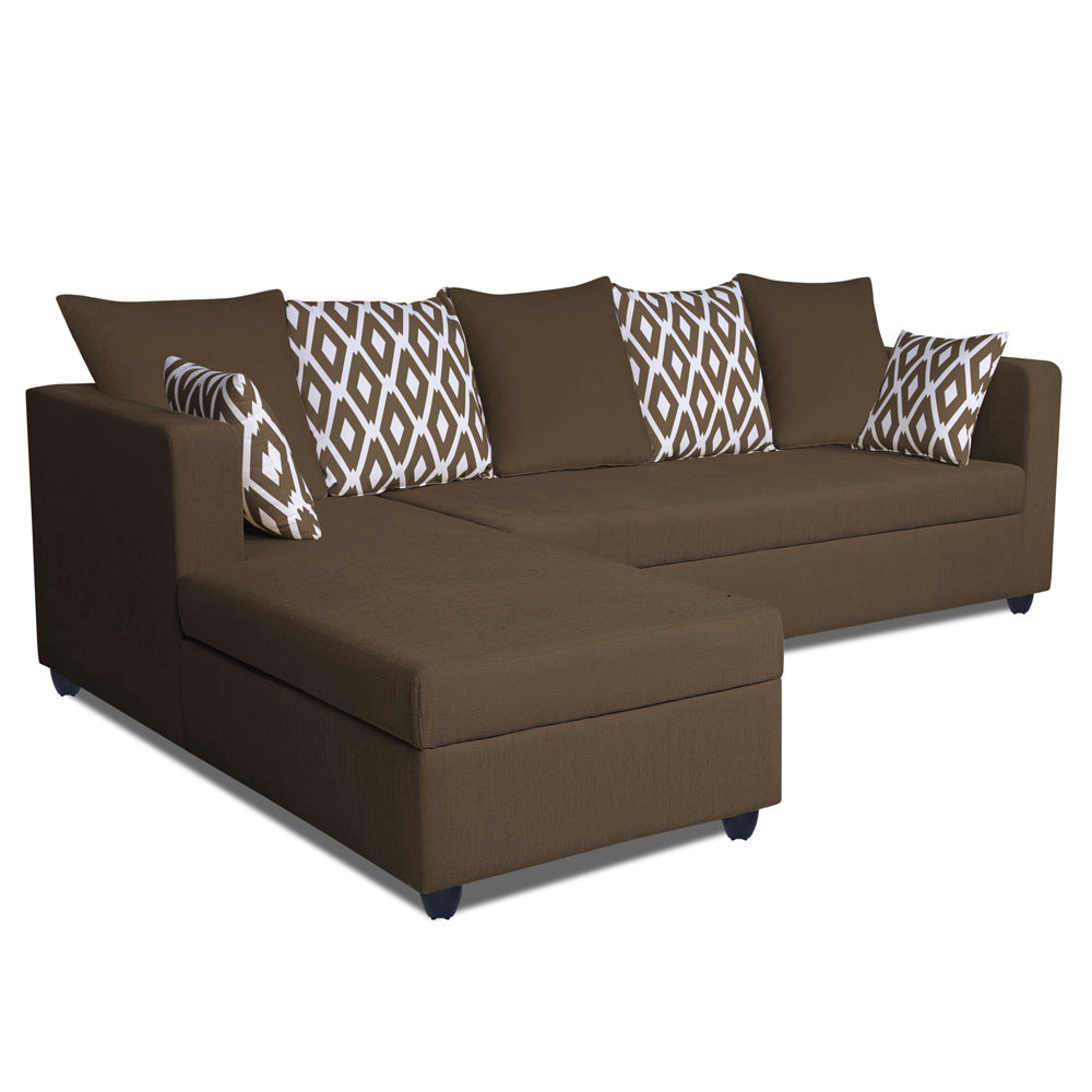 Adorn India Zink Straight line L Shape 6 Seater Sofa Rhombus Cushion (Left Side Handle)(Brown)