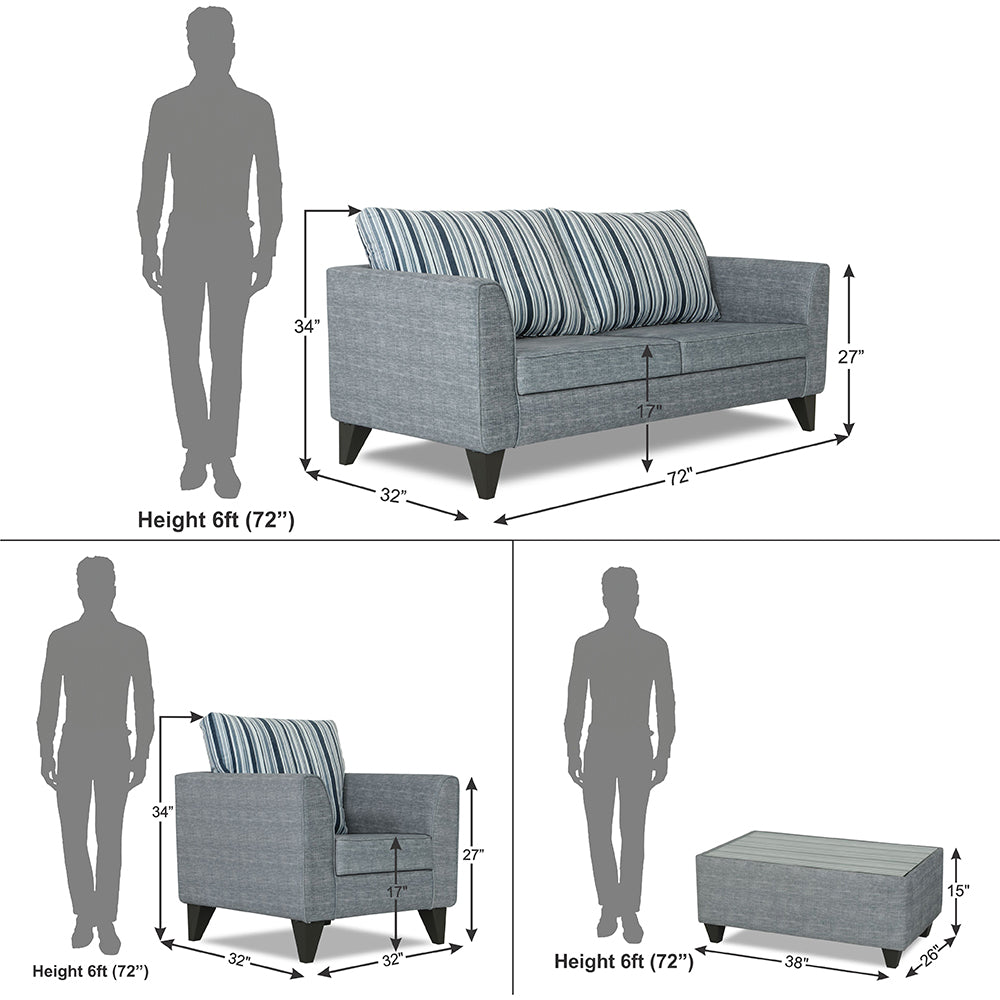 Adorn India Lawson Stripes 3+1+1 5 Seater Sofa Set with Centre Table (Grey)