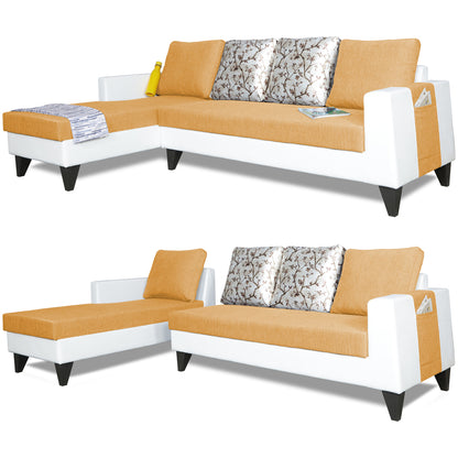 Adorn India Ashley Leatherette Fabric L Shape 6 Seater Sofa Set Digitel Print (Left Hand Side) (Beige & White)