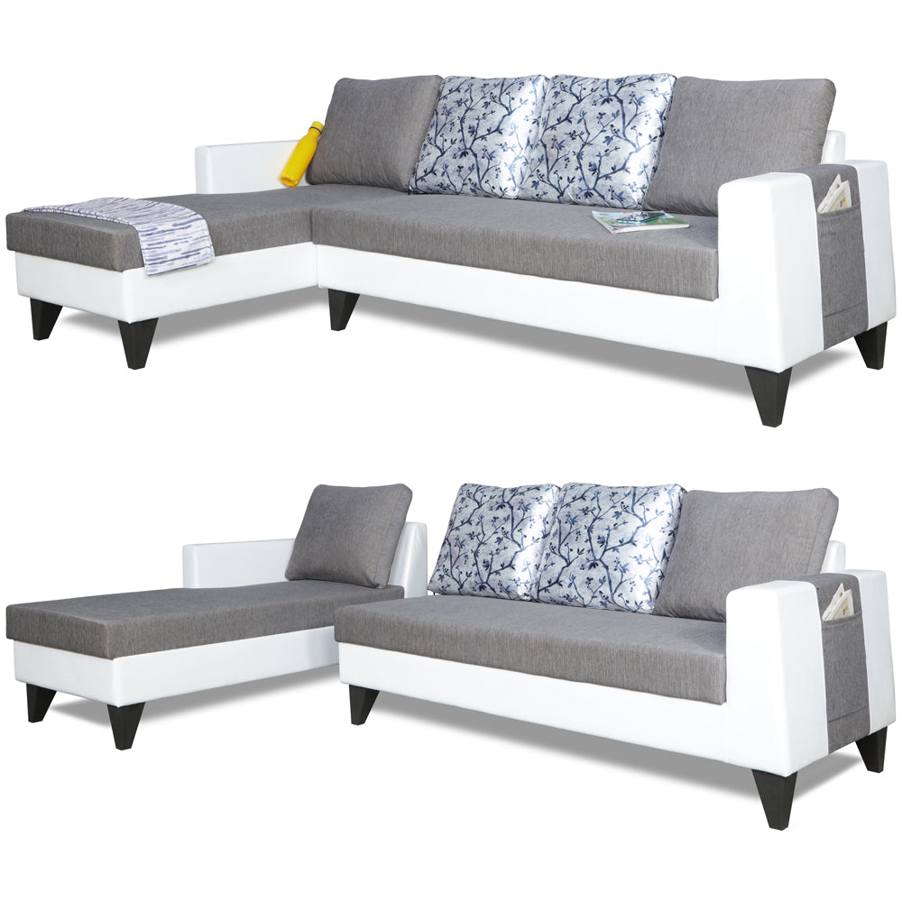 Adorn India Ashley L Shape Digitel Print Leatherette Fabric Sofa Set 8 Seater with 2 Ottoman Puffy & Center Table (Left Side) (Grey)