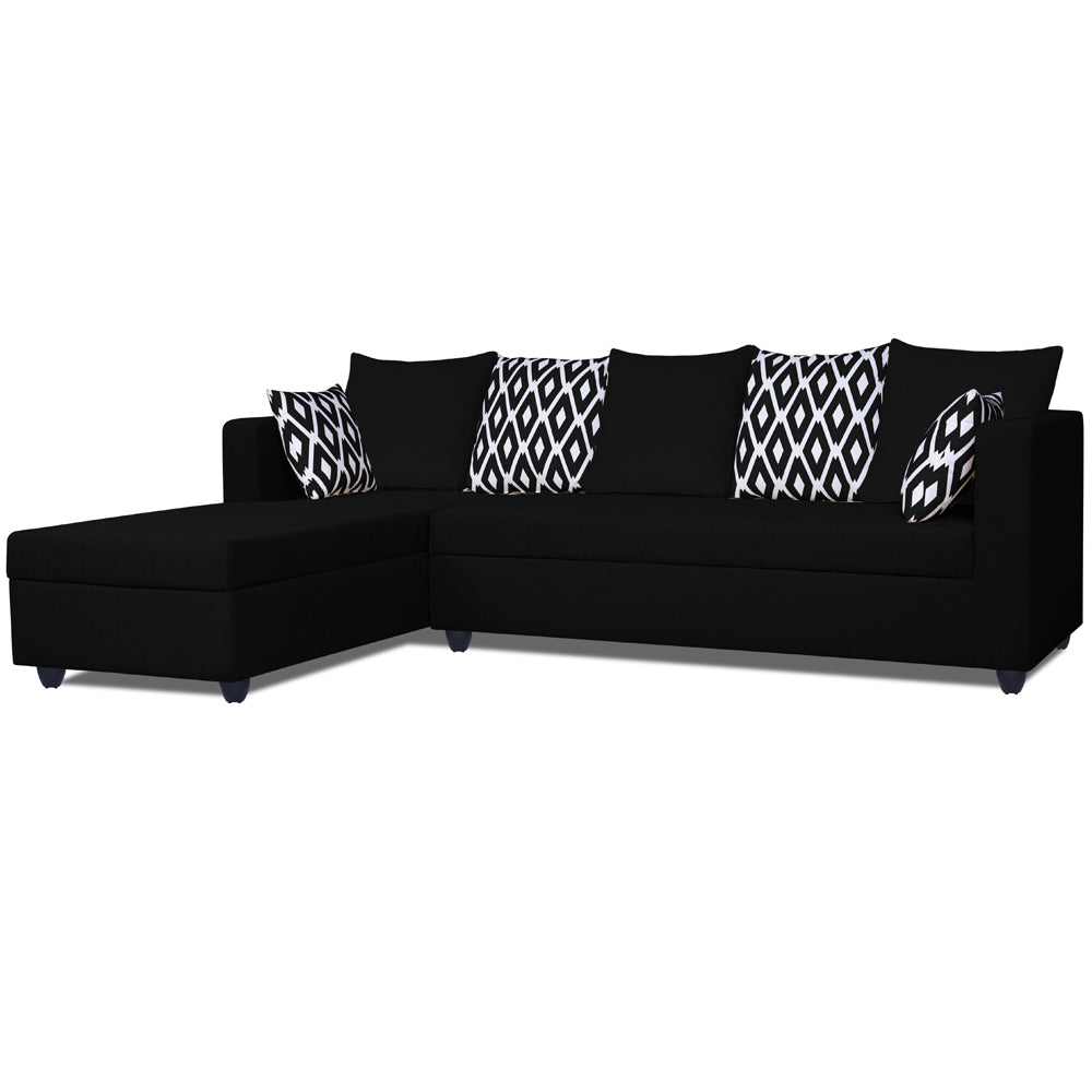 Adorn India Zink Straight line L Shape 6 Seater Sofa Rhombus Cushion (Left Side Handle)(Black)