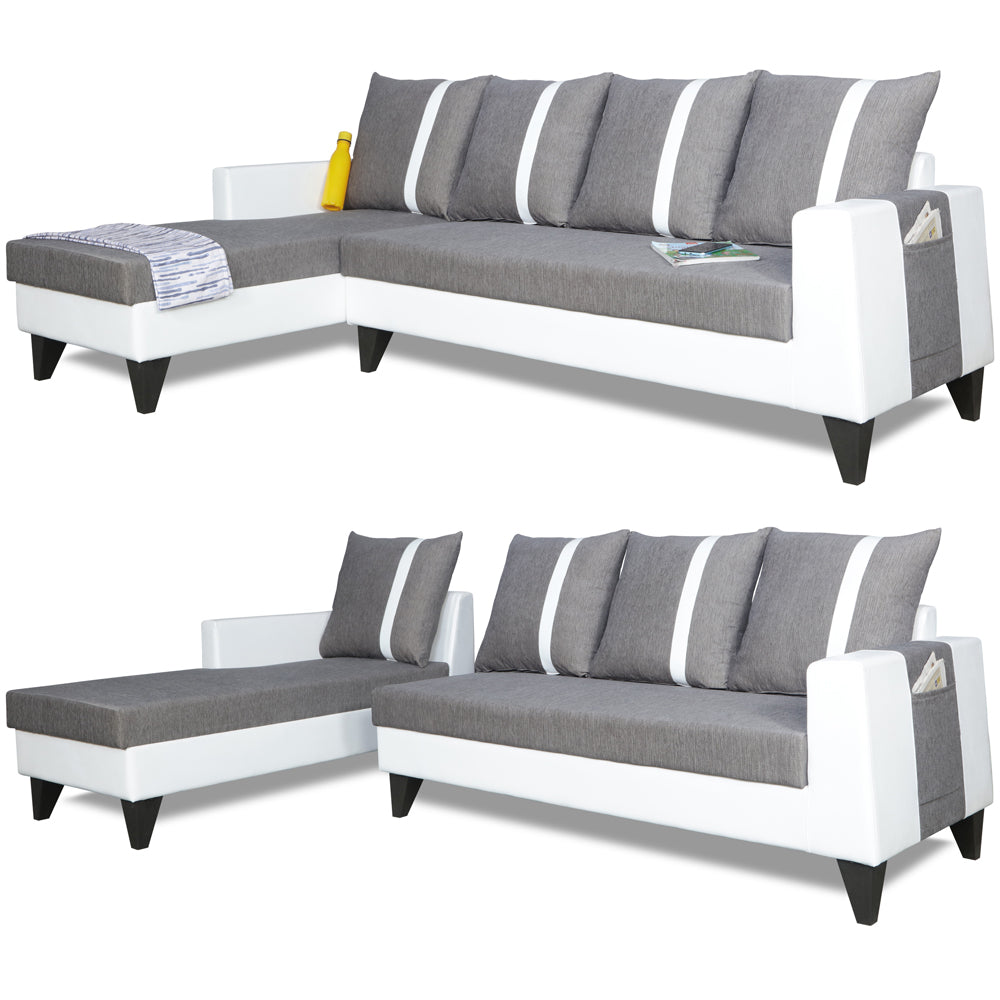 Adorn India Ashley L Shape Stripes Leatherette Fabric Sofa Set 8 Seater with 2 Ottoman Puffy & Center Table (Left Side) (Grey)