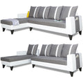 Adorn India Ashley Stripes Leatherette Fabric L Shape 8 Seater Sofa Set with 2 Ottoman Puffy & Center Table LHS (Grey & White) (3 Year Warranty)
