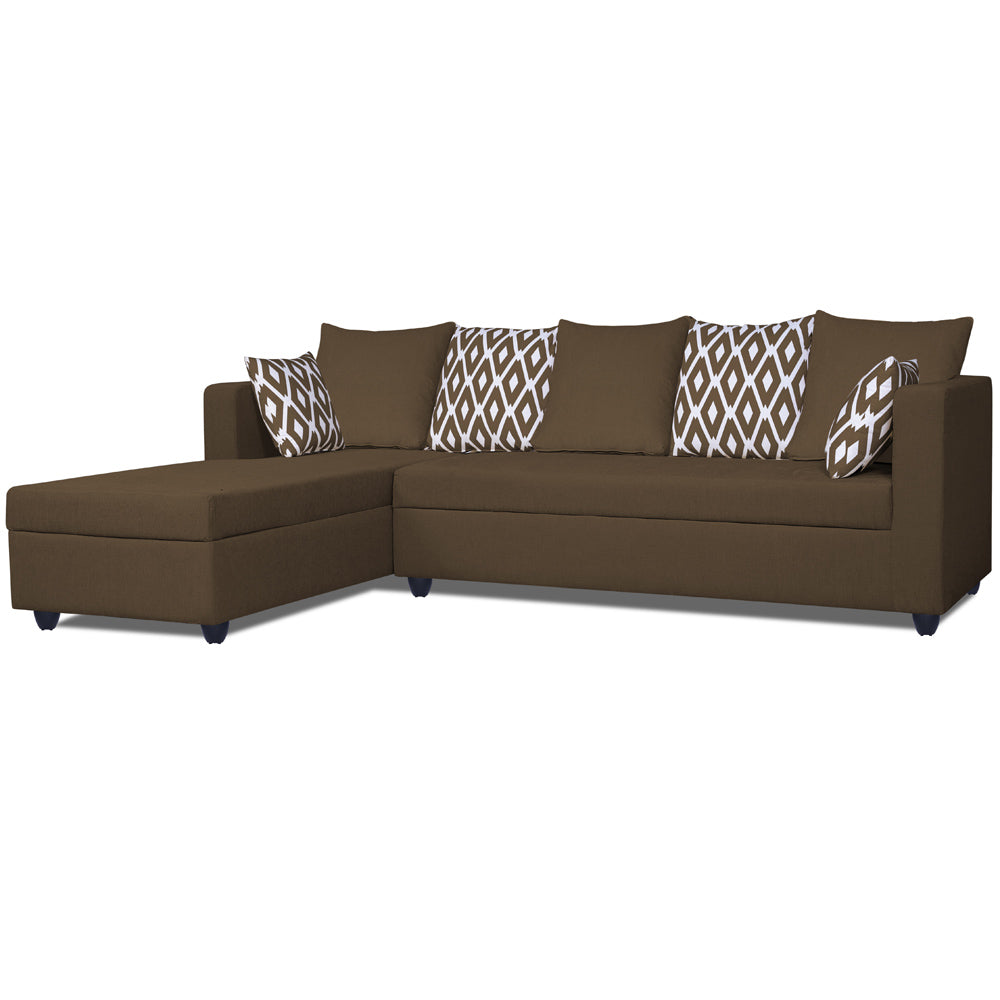 Adorn India Zink Straight line L Shape 6 Seater Sofa Rhombus Cushion (Left Side Handle)(Brown)